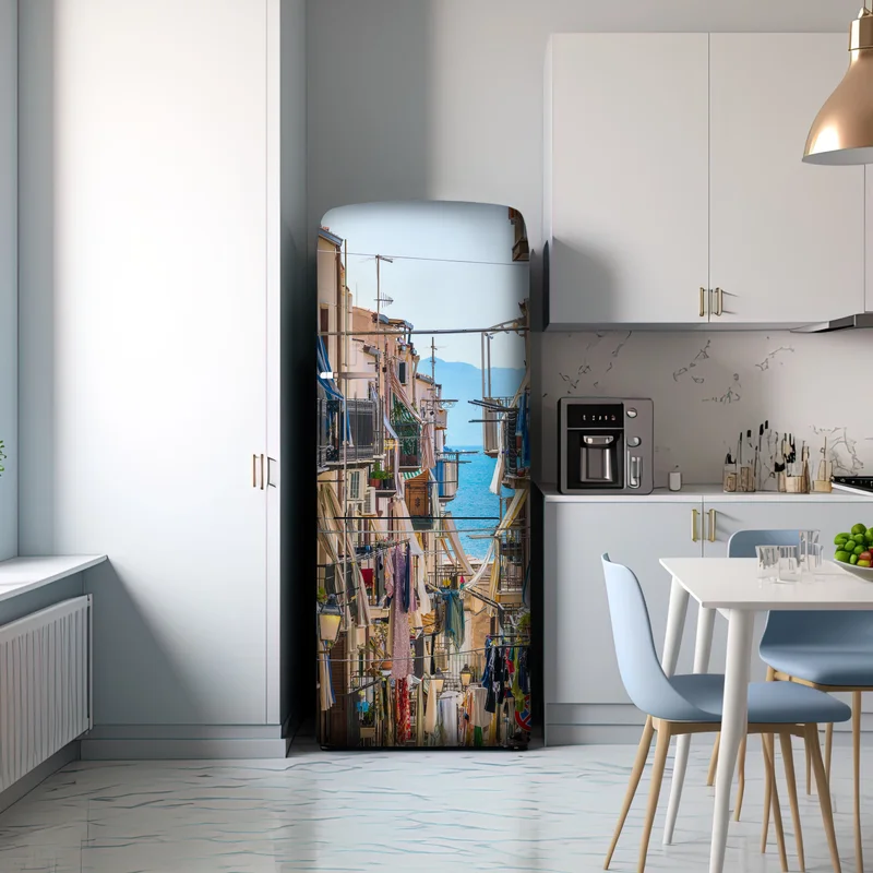 Kühlschrankaufkleber sonnige gasse mit meerblick und balkonen