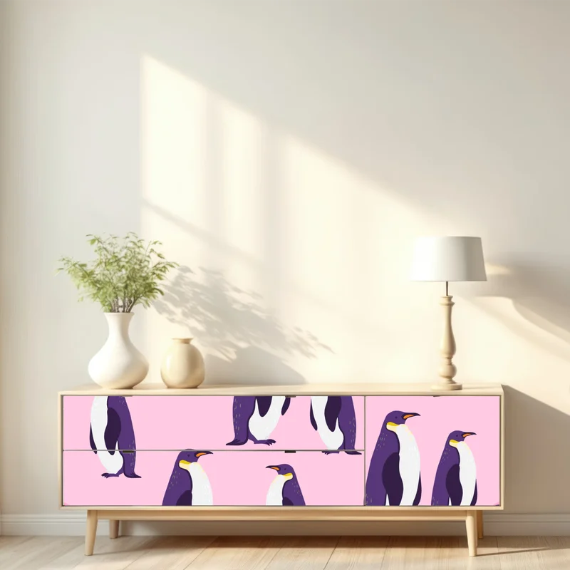 Repositionierbarer Aufkleber verspieltes muster mit violetten pinguinen auf rosa hintergrund