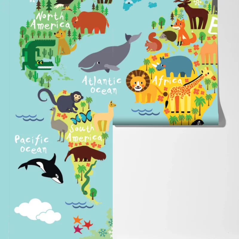 Fototapete niedliche weltkarte mit tieren Fototapete niedliche weltkarte mit tieren