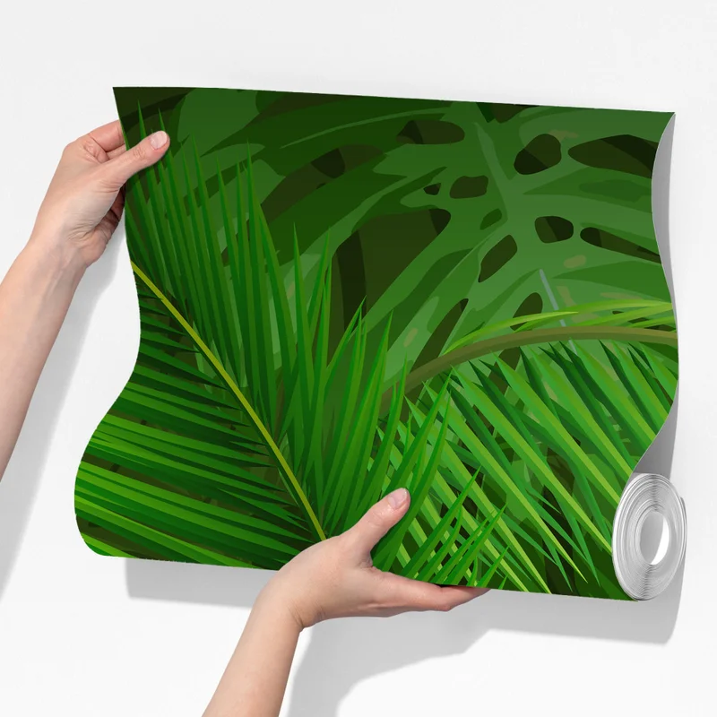 Fototapete üppige tropische monstera- und palmenblätter Fototapete üppige tropische monstera- und palmenblätter
