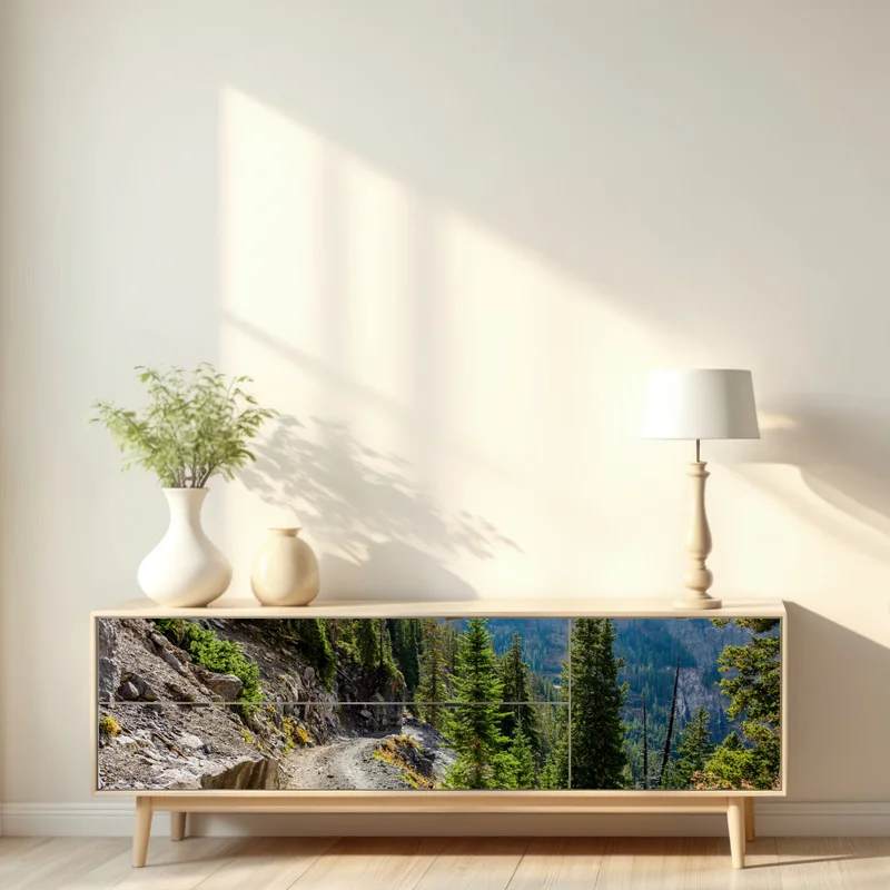 Repositionierbarer Aufkleber bergpfad durch alpinen wald