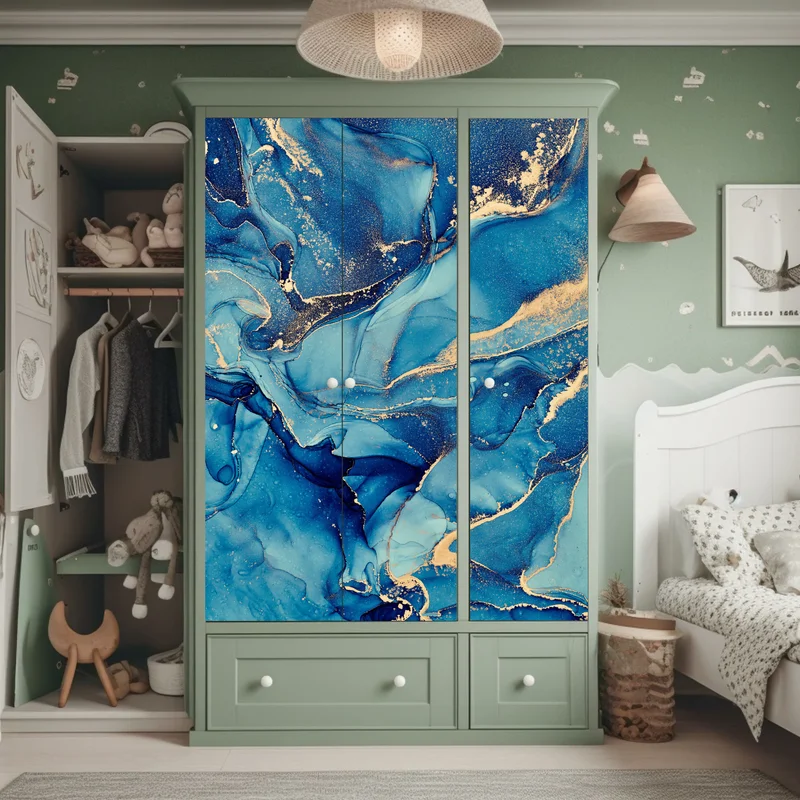 Schrankaufkleber ozeanblau und goldene wirbel flüssige abstraktion