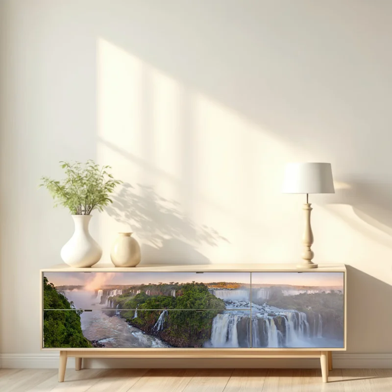 Repositionierbarer Aufkleber neblige panorama der wasserfälle im üppigen wald