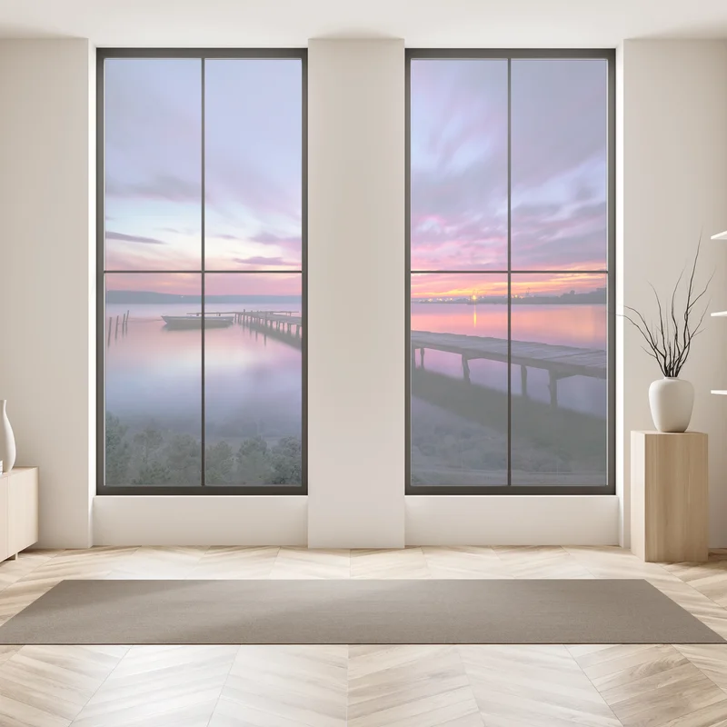 Fensteraufkleber sonnenuntergang über ruhigem see mit hölzernem steg