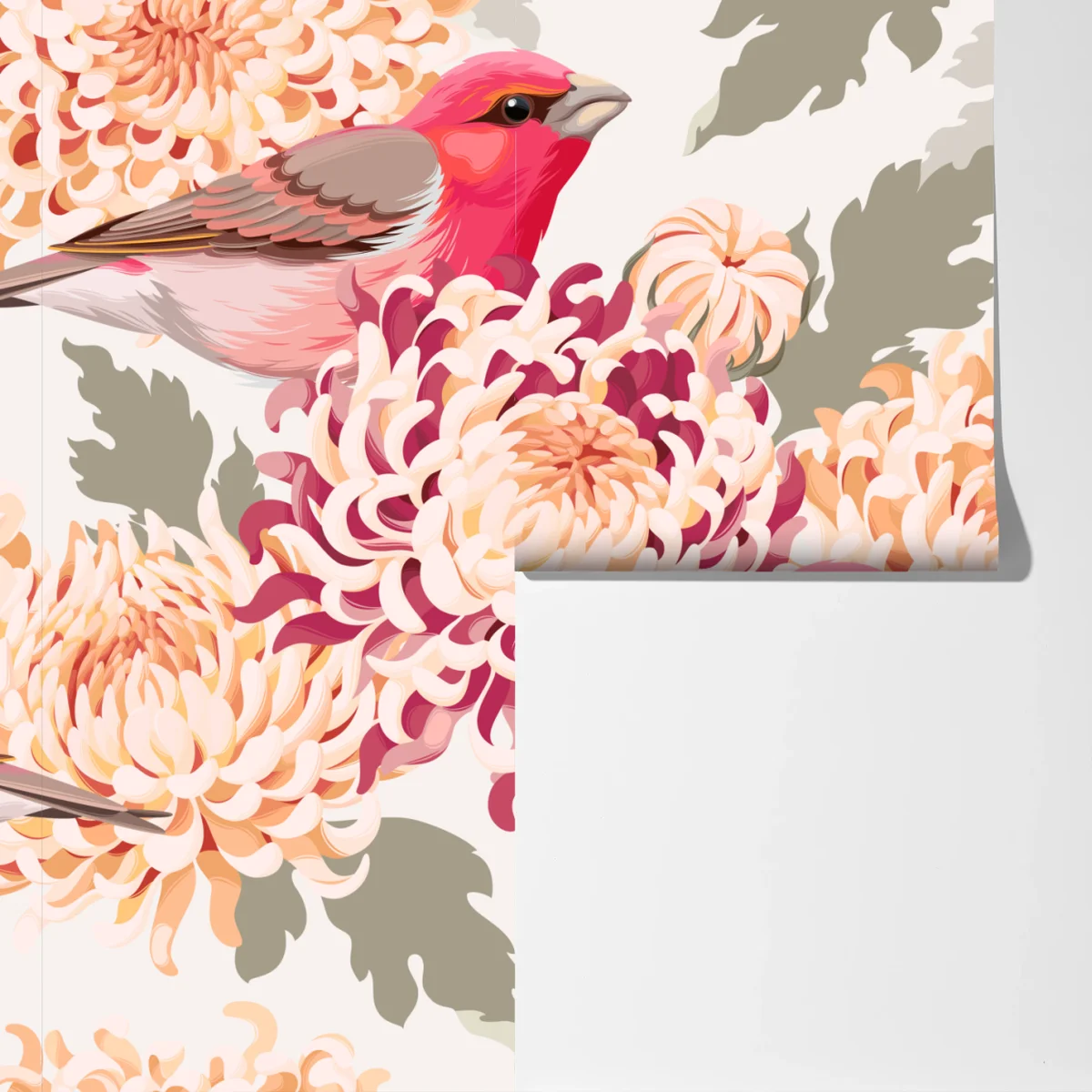 Fototapeta różowe ptaki i wzór z chryzantemami Fototapeta różowe ptaki i wzór z chryzantemami