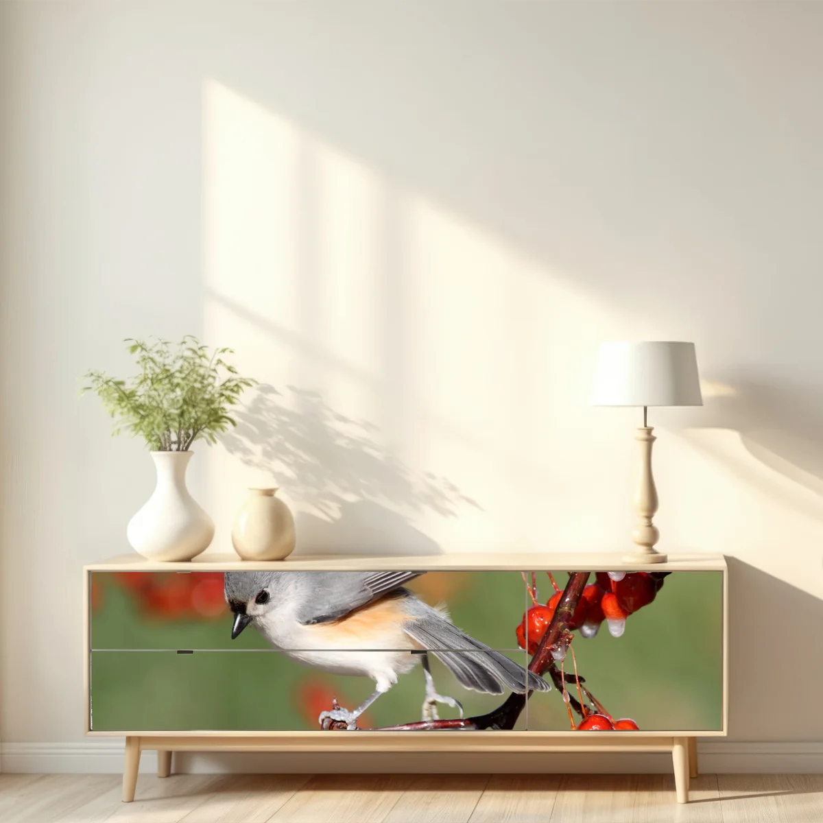 Repositionierbarer Aufkleber grauer vogel auf roten beeren Repositionierbarer Aufkleber grauer vogel auf roten beeren