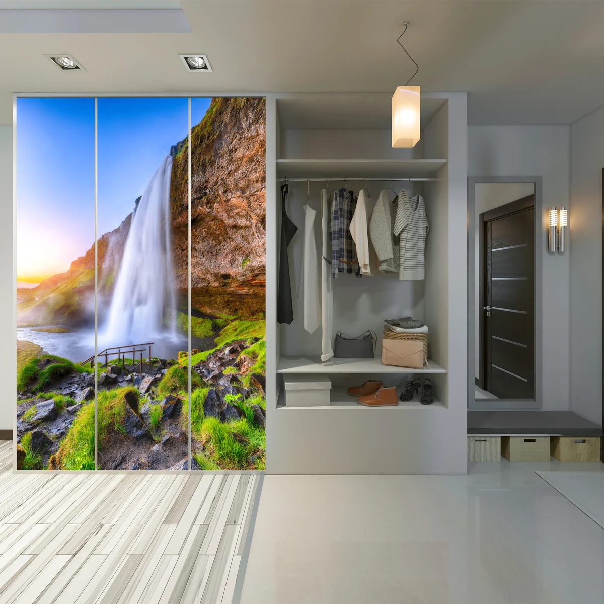 Schrankaufkleber Seljalandsfoss wasserfall im sonnenuntergang Schrankaufkleber Seljalandsfoss wasserfall im sonnenuntergang