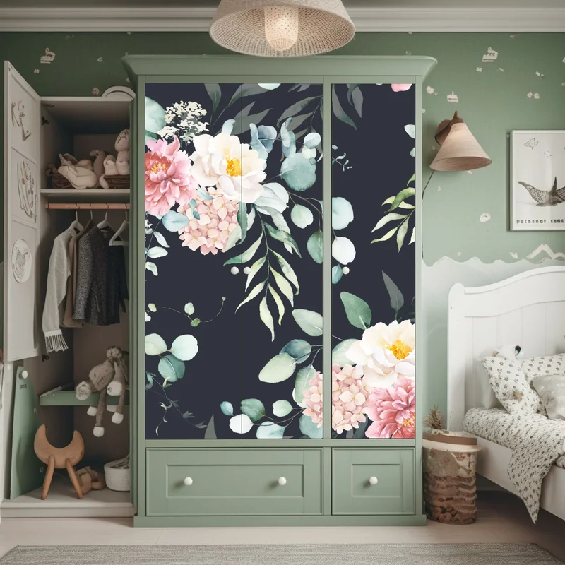 Schrankaufkleber elegantes aquarell-blumenmuster auf dunklem hintergrund