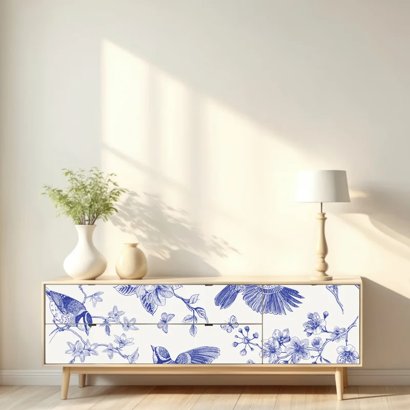 Repositionierbarer Aufkleber blaues muster mit vögeln und blüten im vintage-stil