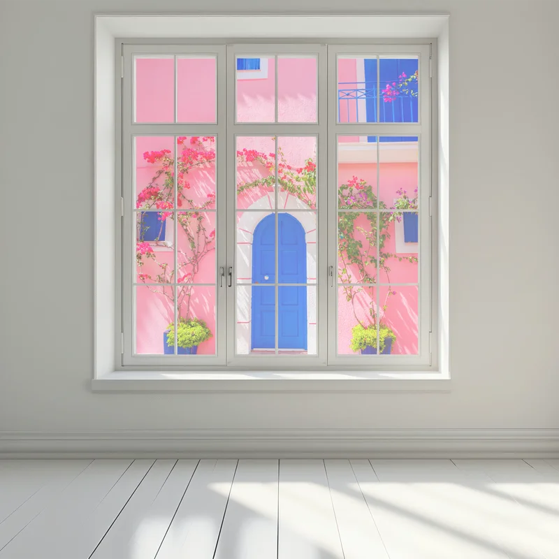 Fensteraufkleber leuchtende rosa fassade mit blauer tür Fensteraufkleber leuchtende rosa fassade mit blauer tür