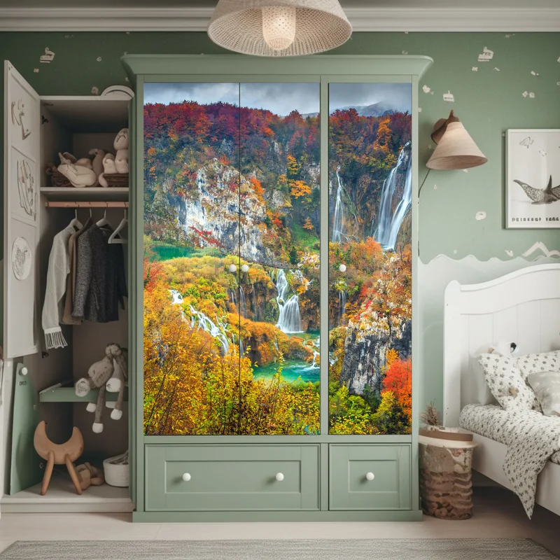 Schrankaufkleber herbstliche wasserfälle in einem farbenfrohen wald