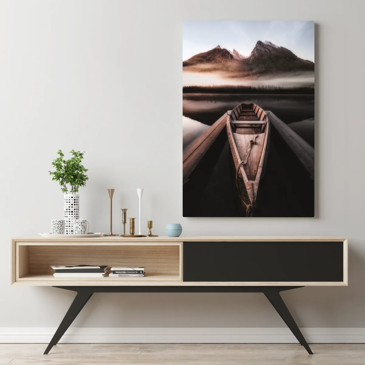 Leinwandbild nebliges boot am bergsee Leinwandbild nebliges boot am bergsee