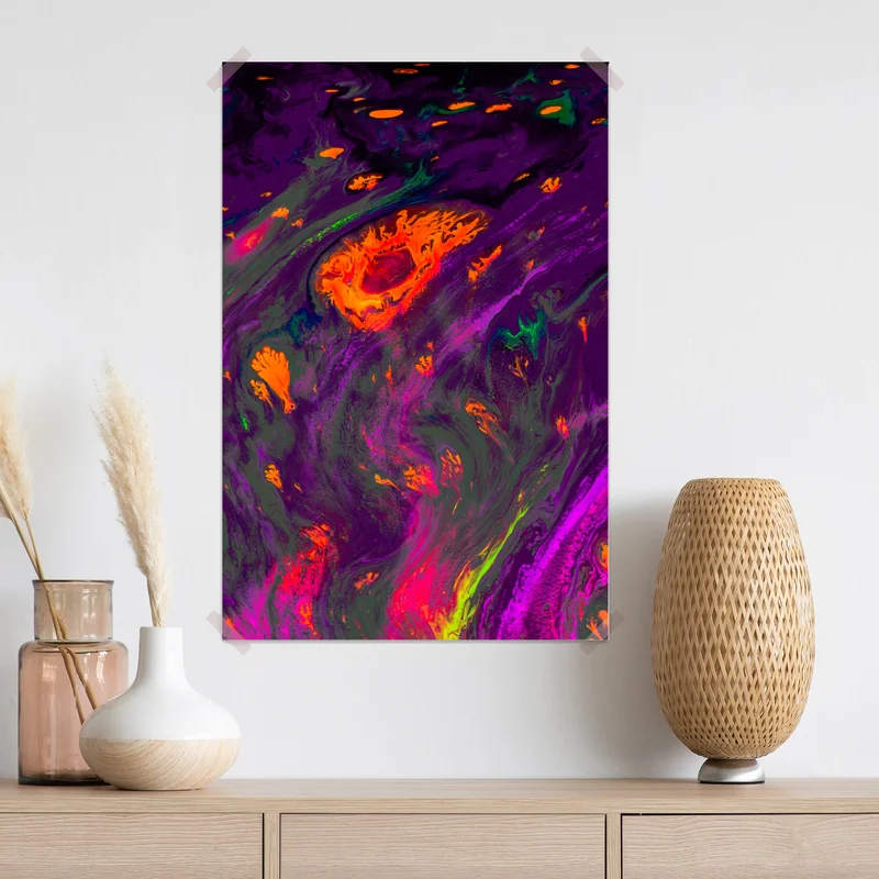 Poster traditionelle ebru abstrakte marmormuster in lila und orange Poster traditionelle ebru abstrakte marmormuster in lila und orange