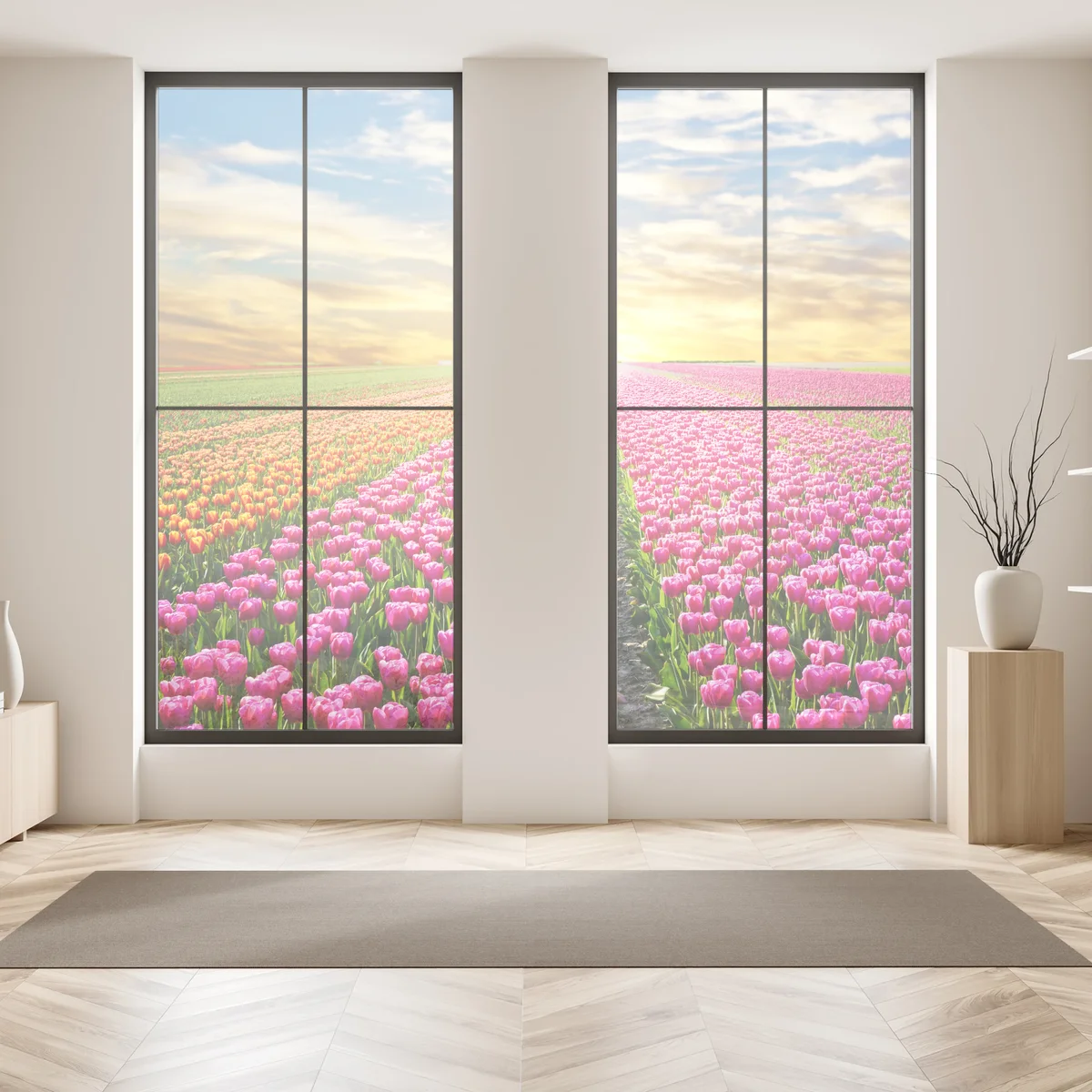 Fensteraufkleber sonnenaufgang über tulpenfeldern in den Niederlanden Fensteraufkleber sonnenaufgang über tulpenfeldern in den Niederlanden