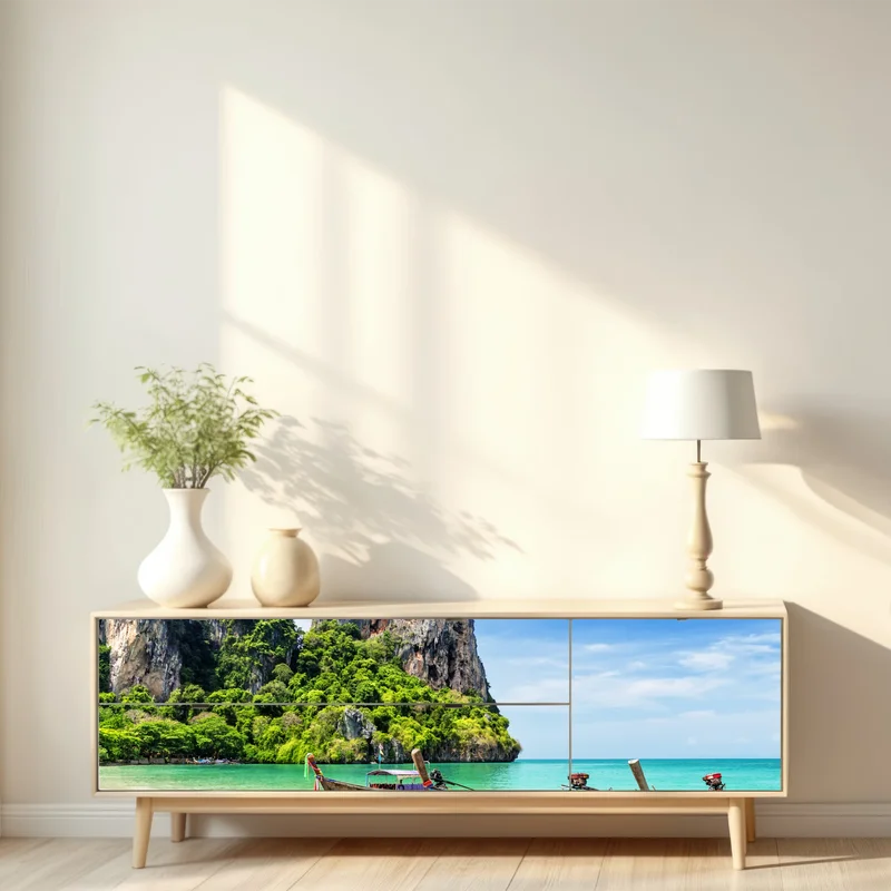 Repositionierbarer Aufkleber ruhige longtail-boote am strand von Railay, Thailand Repositionierbarer Aufkleber ruhige longtail-boote am strand von Railay, Thailand