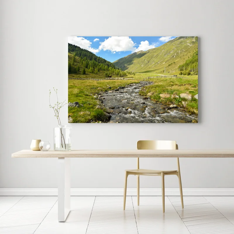 Leinwandbild alpenbach im sonnigen tal Leinwandbild alpenbach im sonnigen tal