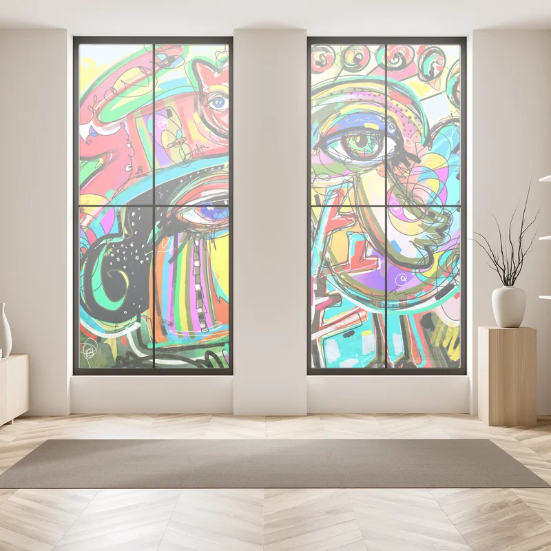 Fensteraufkleber lebendige abstrakte gesichter mit katze und vogel