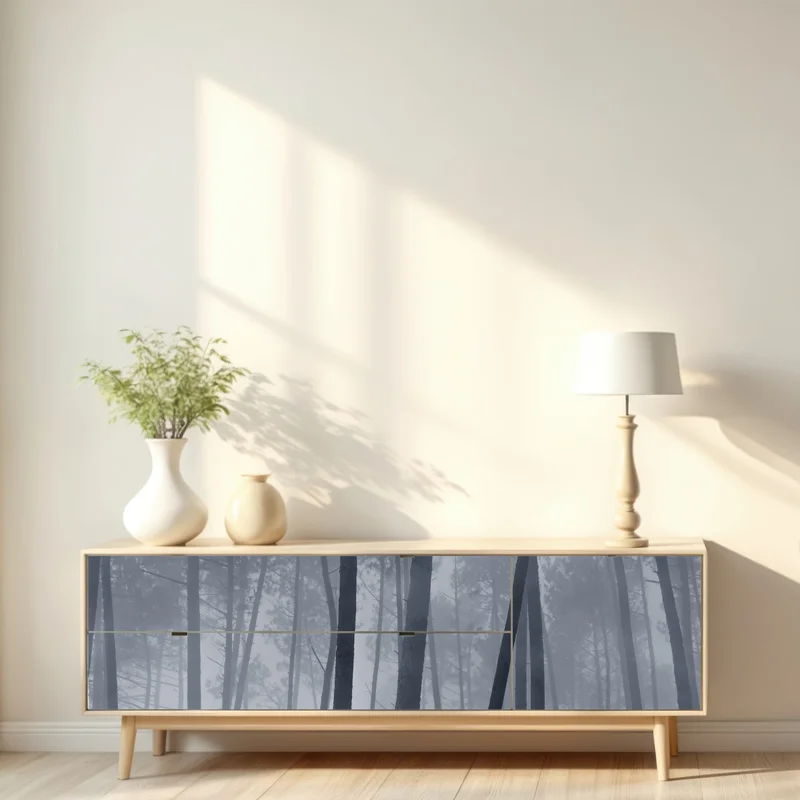 Repositionierbarer Aufkleber nebliger kiefernwald bei nacht