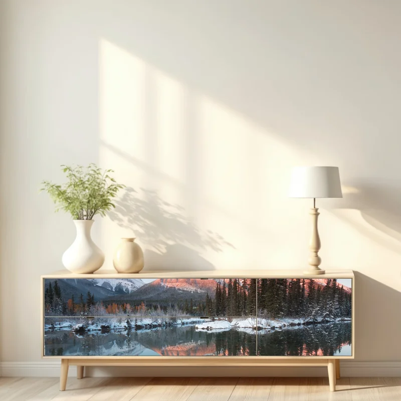 Repositionierbarer Aufkleber bergspiegelung im morgendlichen glühen