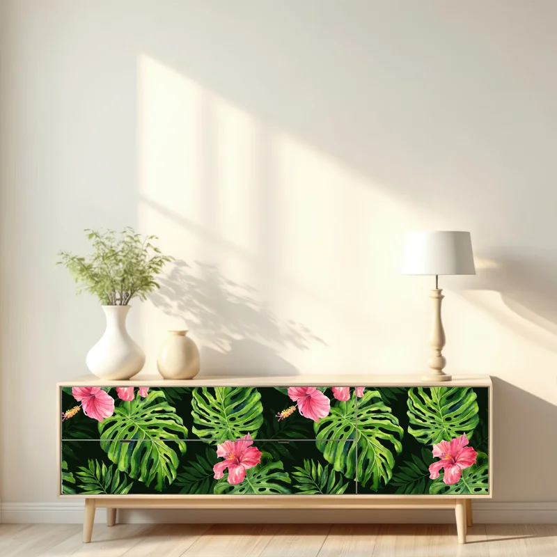 Repositionierbarer Aufkleber tropisches monstera- und hibiskus-motiv Repositionierbarer Aufkleber tropisches monstera- und hibiskus-motiv