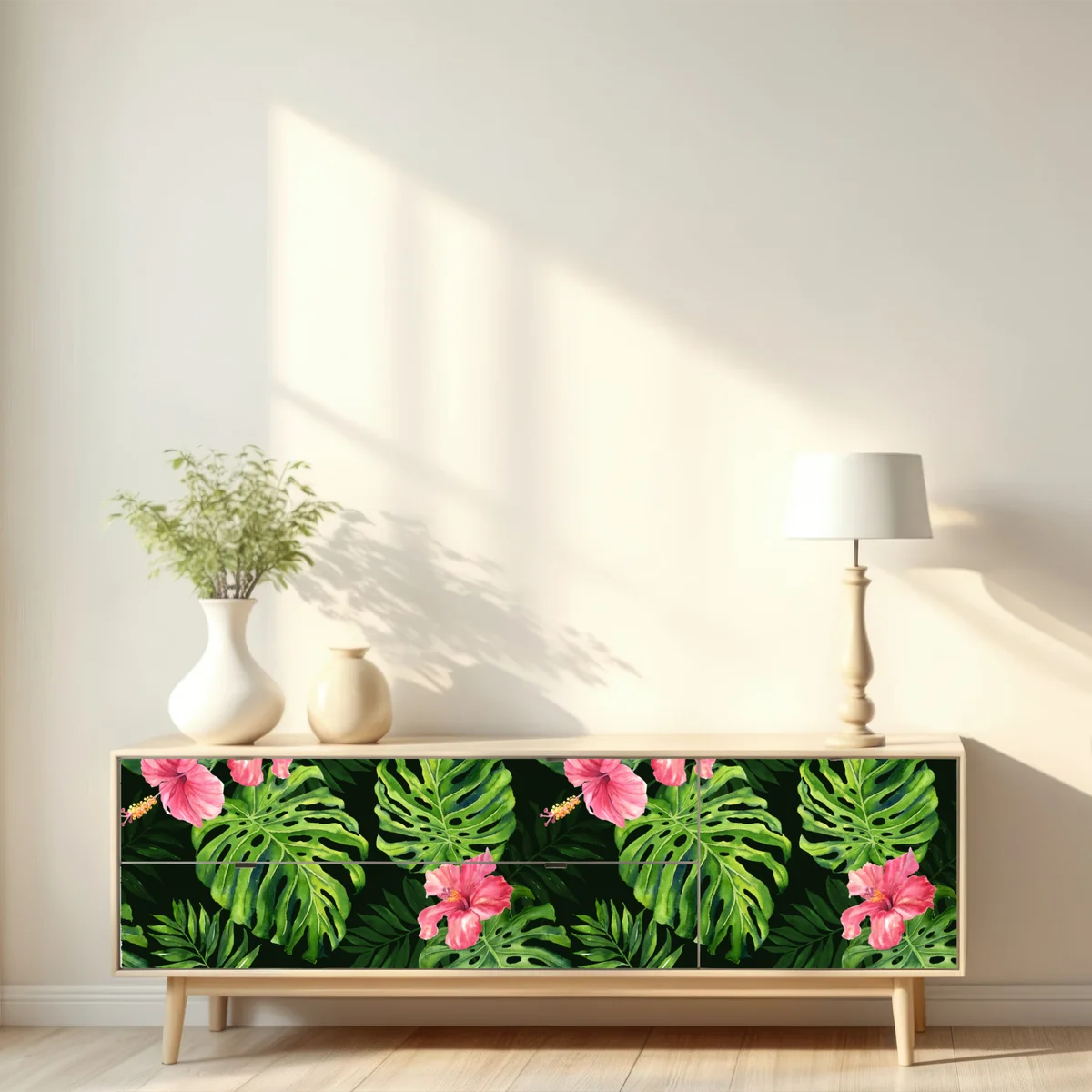 Repositionierbarer Aufkleber tropisches monstera- und hibiskus-motiv Repositionierbarer Aufkleber tropisches monstera- und hibiskus-motiv