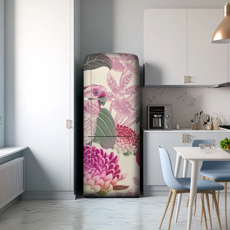 Kühlschrankaufkleber rosa papagei und chrysantheme - botanisches motiv
