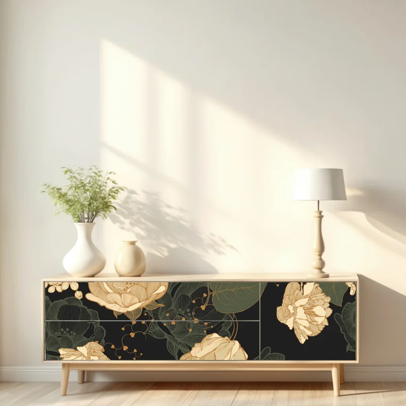 Repositionierbarer Aufkleber goldene pfingstrosen vor dunklem botanischem hintergrund