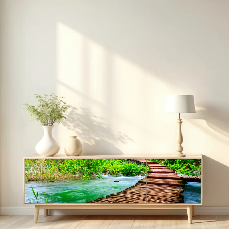 Repositionierbarer Aufkleber ruhiger grüner steg über dem fluss