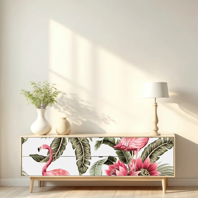 Repositionierbarer Aufkleber tropische rosa flamingos und blüten