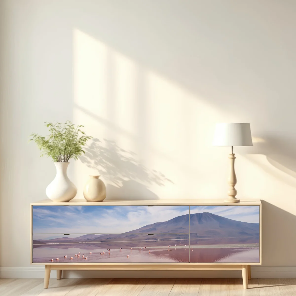 Repositionierbarer Aufkleber rosa lagune mit flamingos und bergspiegelung Repositionierbarer Aufkleber rosa lagune mit flamingos und bergspiegelung