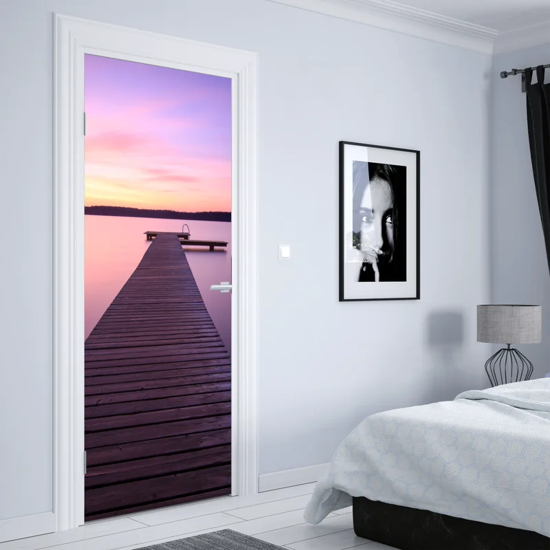 Türaufkleber ruhiger pastellsonnenuntergang am see mit steg