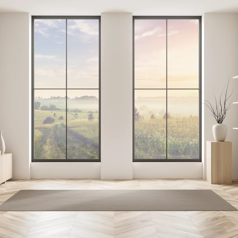 Fensteraufkleber nebeliger sonnenaufgang über einer ländlichen wiese Fensteraufkleber nebeliger sonnenaufgang über einer ländlichen wiese