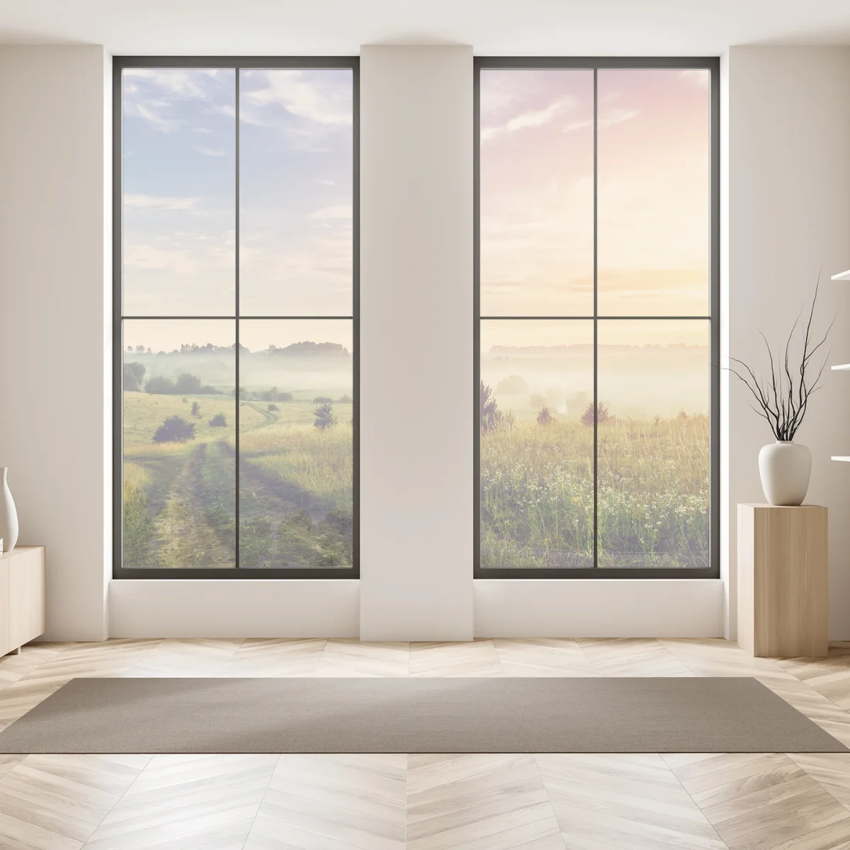 Fensteraufkleber nebeliger sonnenaufgang über einer ländlichen wiese Fensteraufkleber nebeliger sonnenaufgang über einer ländlichen wiese