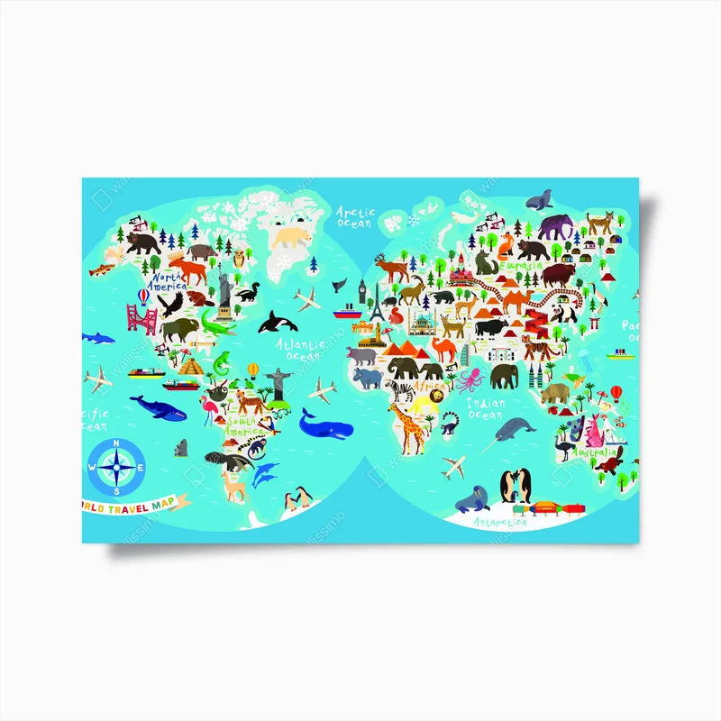 Poster bunte illustrierte weltkarte • Poster bei Wallnifity® Poster bunte illustrierte weltkarte • Poster bei Wallnifity®