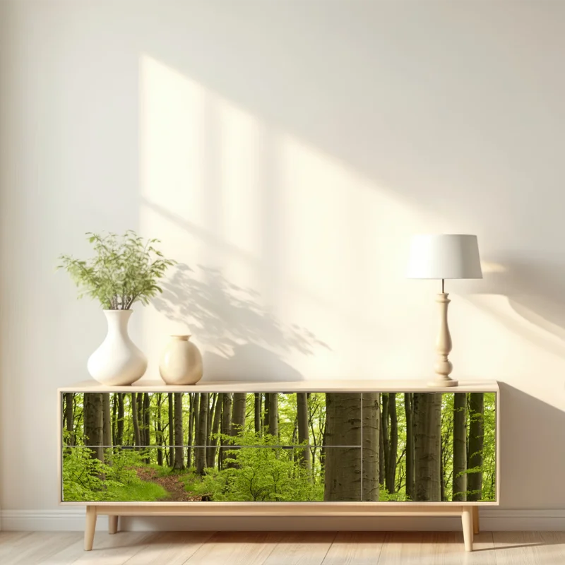 Repositionierbarer Aufkleber ruhiger grüner waldweg