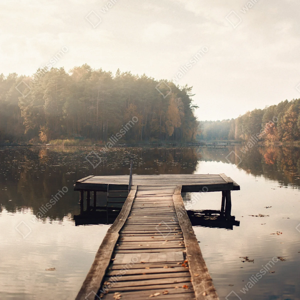 Fototapete herbstmorgen am see mit hölzernem steg Fototapete herbstmorgen am see mit hölzernem steg