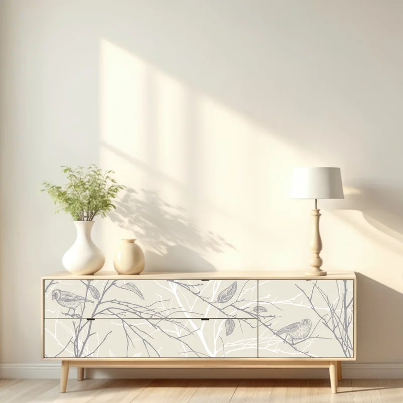 Repositionierbarer Aufkleber zartes beiges muster mit vögeln und ästen