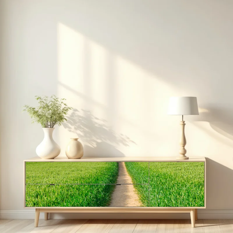 Repositionierbarer Aufkleber sonnenbeschienener weg durch grüne wiese