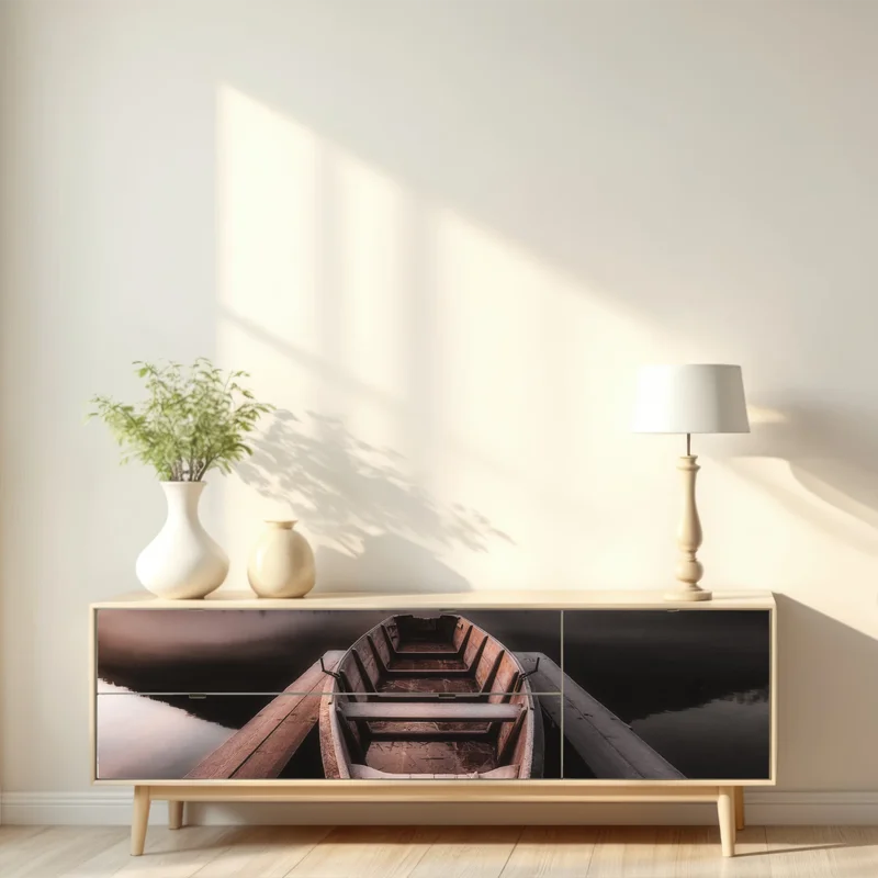 Repositionierbarer Aufkleber nebliges boot am bergsee