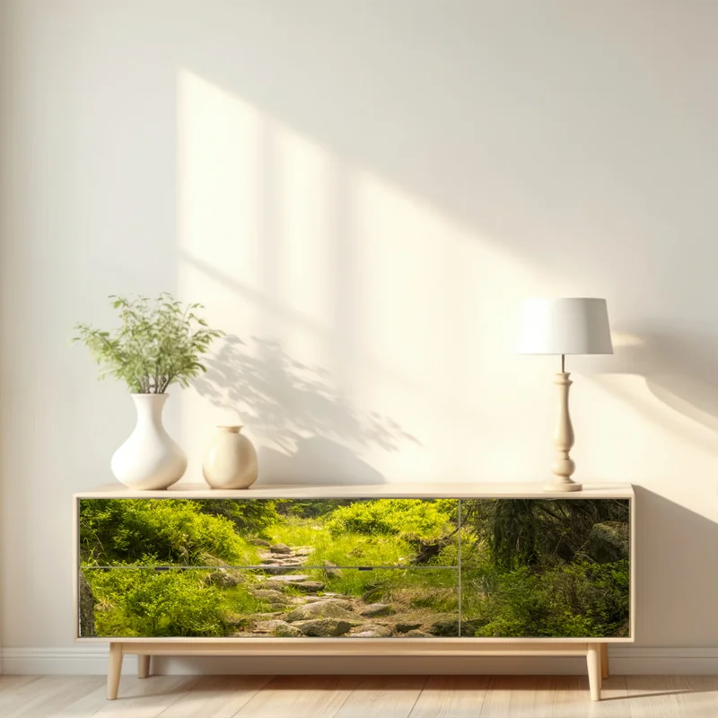 Repositionierbarer Aufkleber ruhiger waldweg durch nadelwald