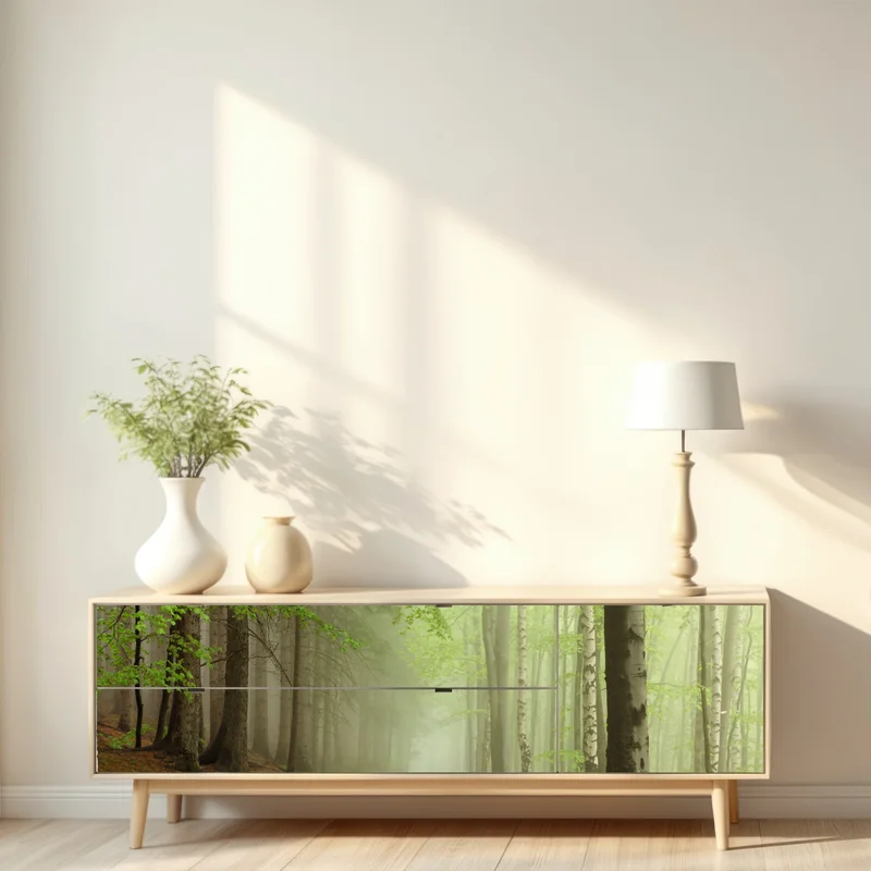 Repositionierbarer Aufkleber nebliger waldpfad