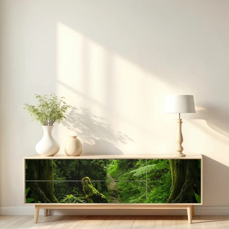 Repositionierbarer Aufkleber verzauberter moosiger waldpfad