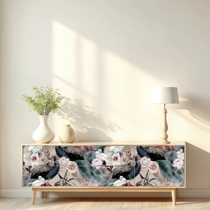 Repositionierbarer Aufkleber aquarellmuster mit vögeln und rosen