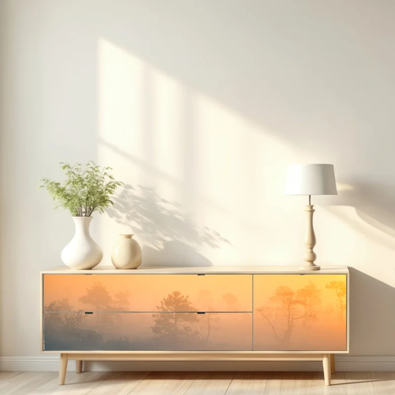 Repositionierbarer Aufkleber träumerischer sonnenaufgang über nebligem moor Repositionierbarer Aufkleber träumerischer sonnenaufgang über nebligem moor