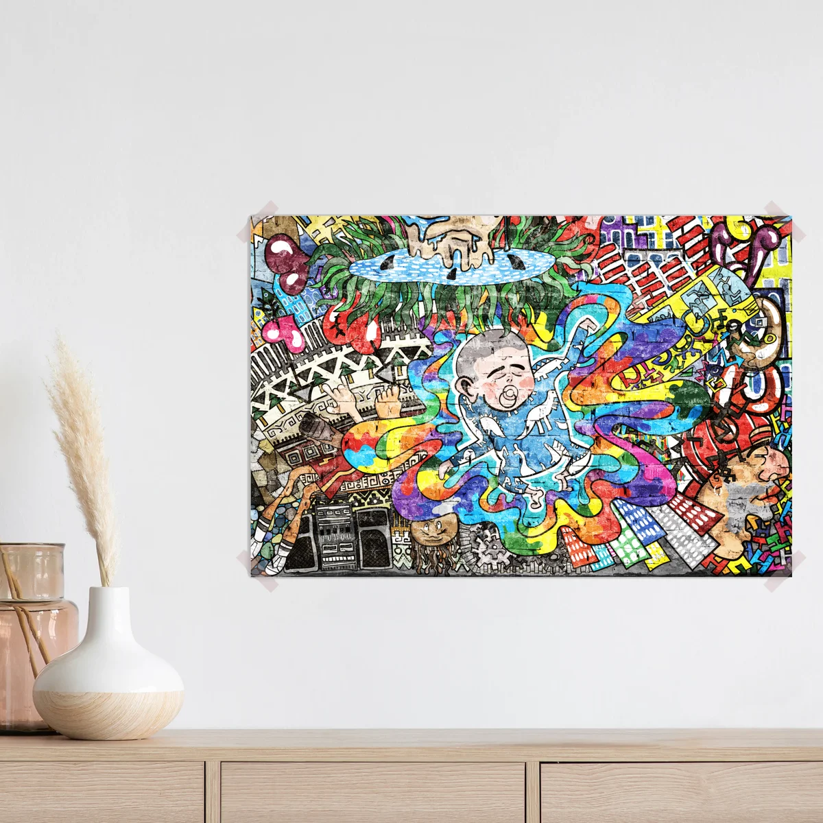 Poster buntes graffiti-mural mit träumendem kind Poster buntes graffiti-mural mit träumendem kind