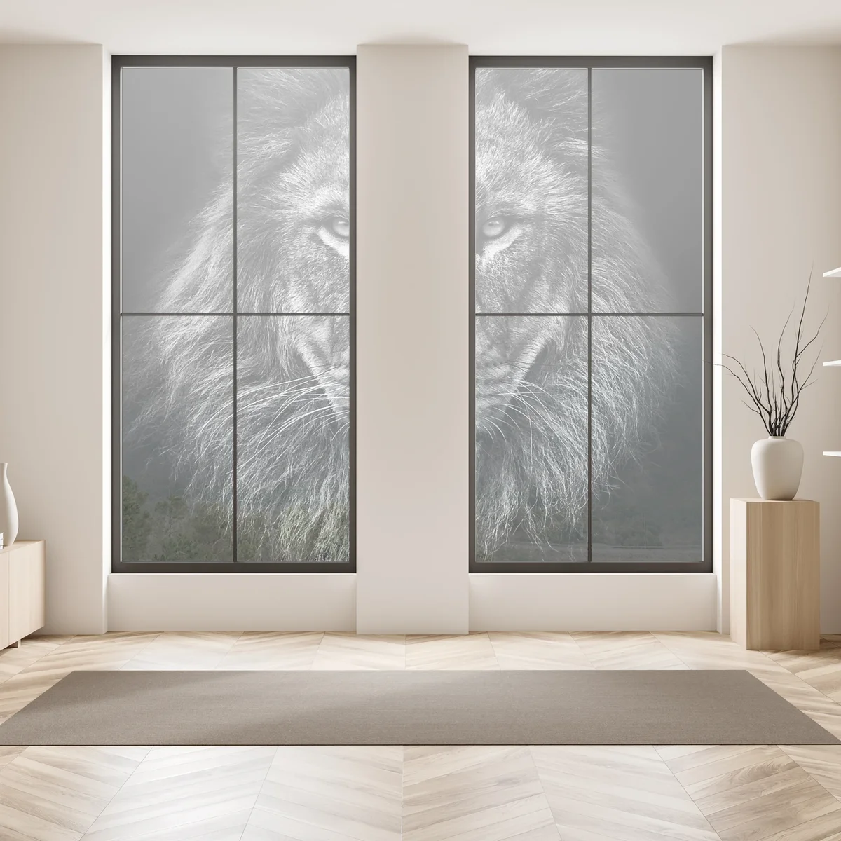 Naklejka na okno majestatyczny portret lwa w monochromie Naklejka na okno majestatyczny portret lwa w monochromie