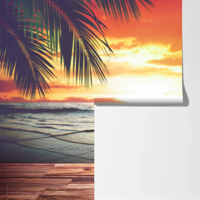 Fototapete tropischer kokos-ananas-cocktail am strand bei sonnenuntergang Fototapete tropischer kokos-ananas-cocktail am strand bei sonnenuntergang