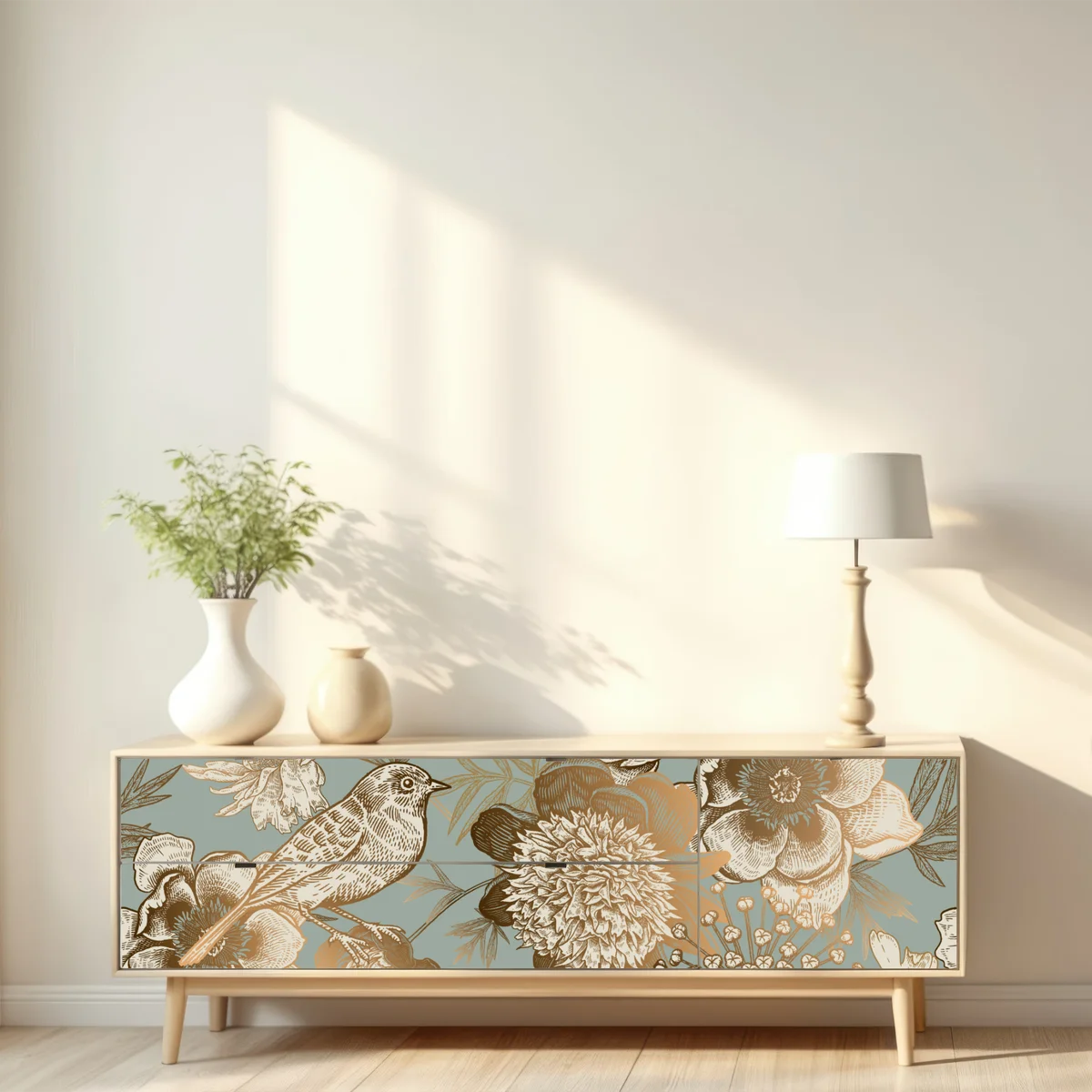 Repositionierbarer Aufkleber vintage botanisches blumenmotiv mit vogel Repositionierbarer Aufkleber vintage botanisches blumenmotiv mit vogel