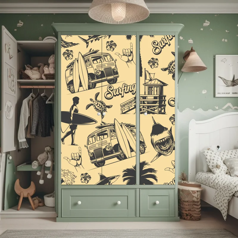 Schrankaufkleber retro surfing muster mit campingbus und wellen Schrankaufkleber retro surfing muster mit campingbus und wellen