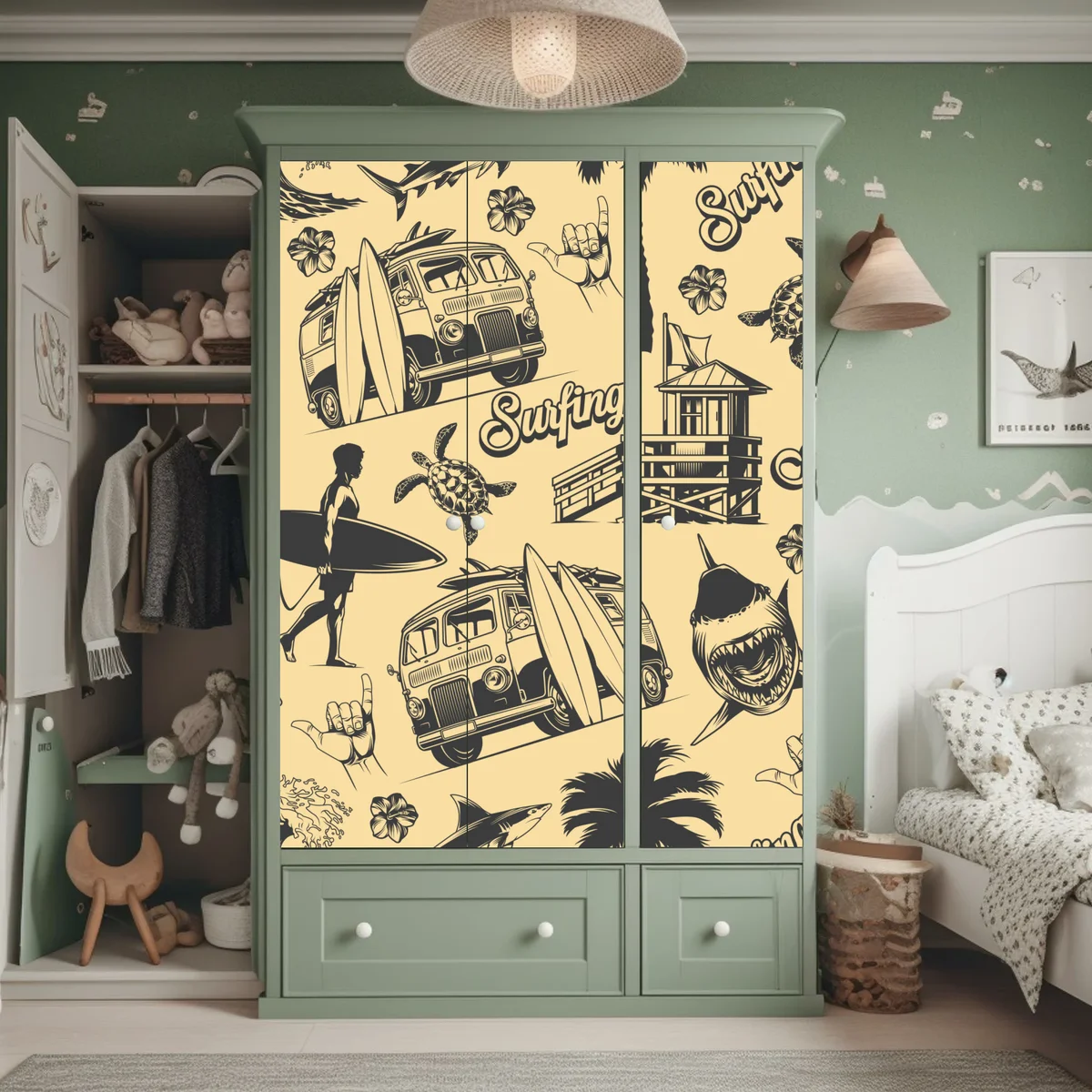 Schrankaufkleber retro surfing muster mit campingbus und wellen Schrankaufkleber retro surfing muster mit campingbus und wellen